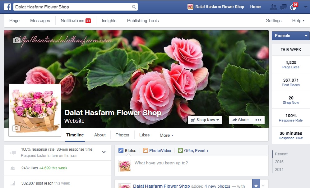 Face Book Fanpage của Dalat Hasfarm trở thành fanpage phổ biến thứ 2 tại Việt Nam và Fanpage có độ tương tác cao nhất trong lĩnh vực hoa tươi.